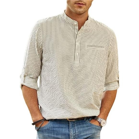 Other - Men's Casual Summer Cotton Henley Shirt Long Sleeve Hippie Striped Beach Shirts